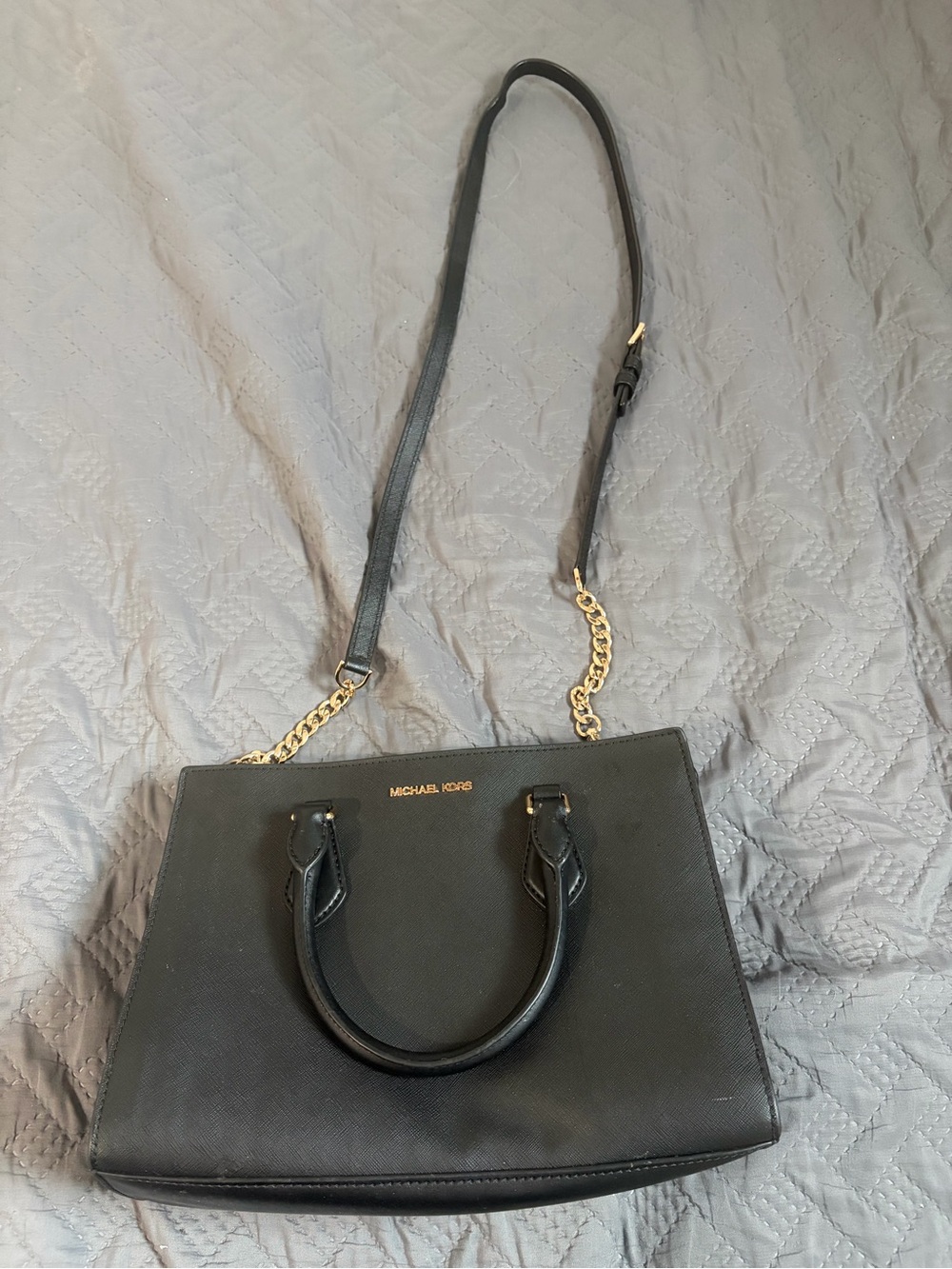 Michael Kors Black Leather Satchel with Gold Hardware
